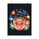 Café Mystery Tee: Chibi Coffee Cup with Mysterious Steam & Anime Headband Poster