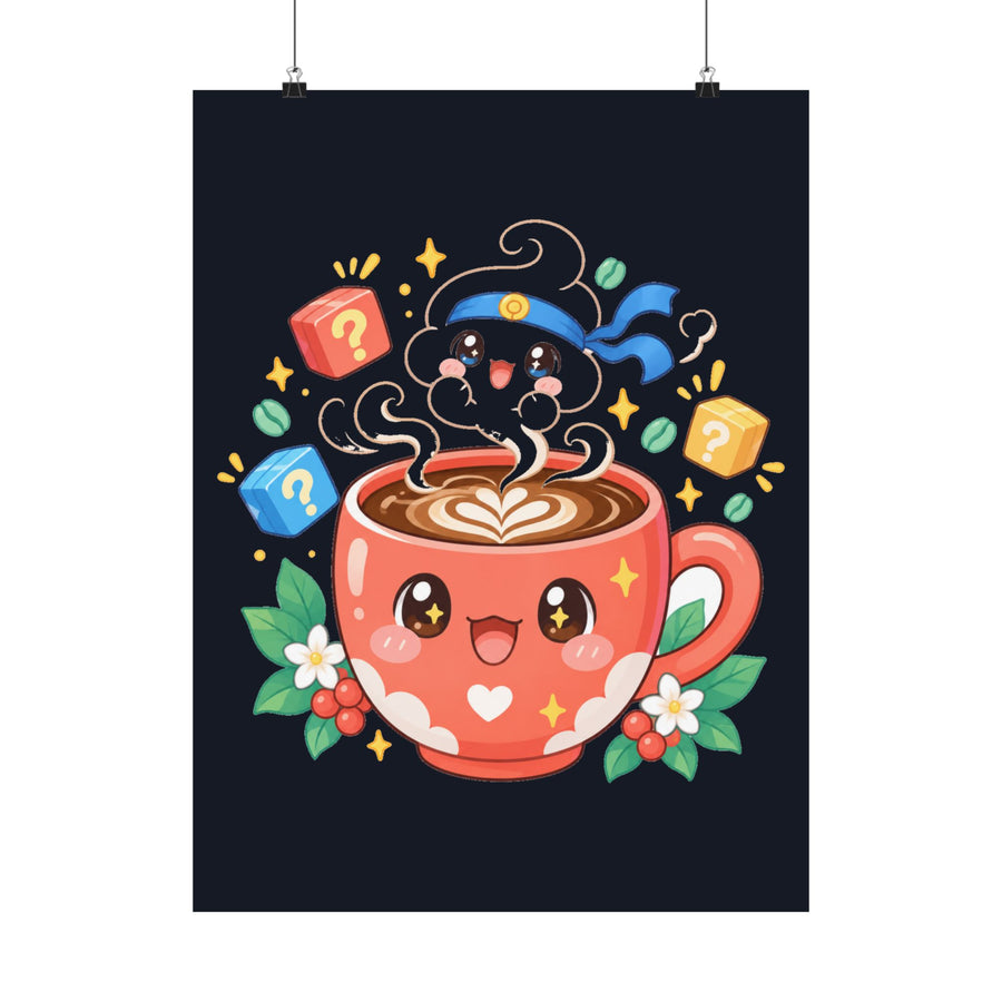 Café Mystery Tee: Chibi Coffee Cup with Mysterious Steam & Anime Headband Poster