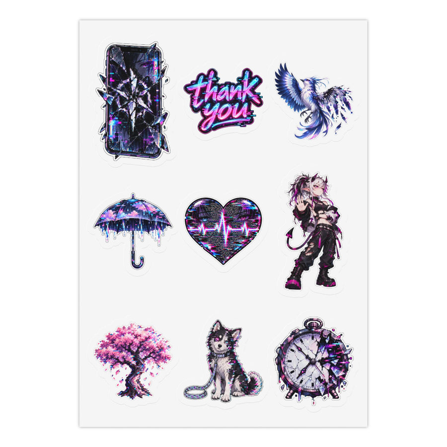 Chaos Feast: Glitchy Anime Gratitude Stickers Pack of 3 Sheets Kiss-Cut Sticker Sheet (Sheet 3 of 3)