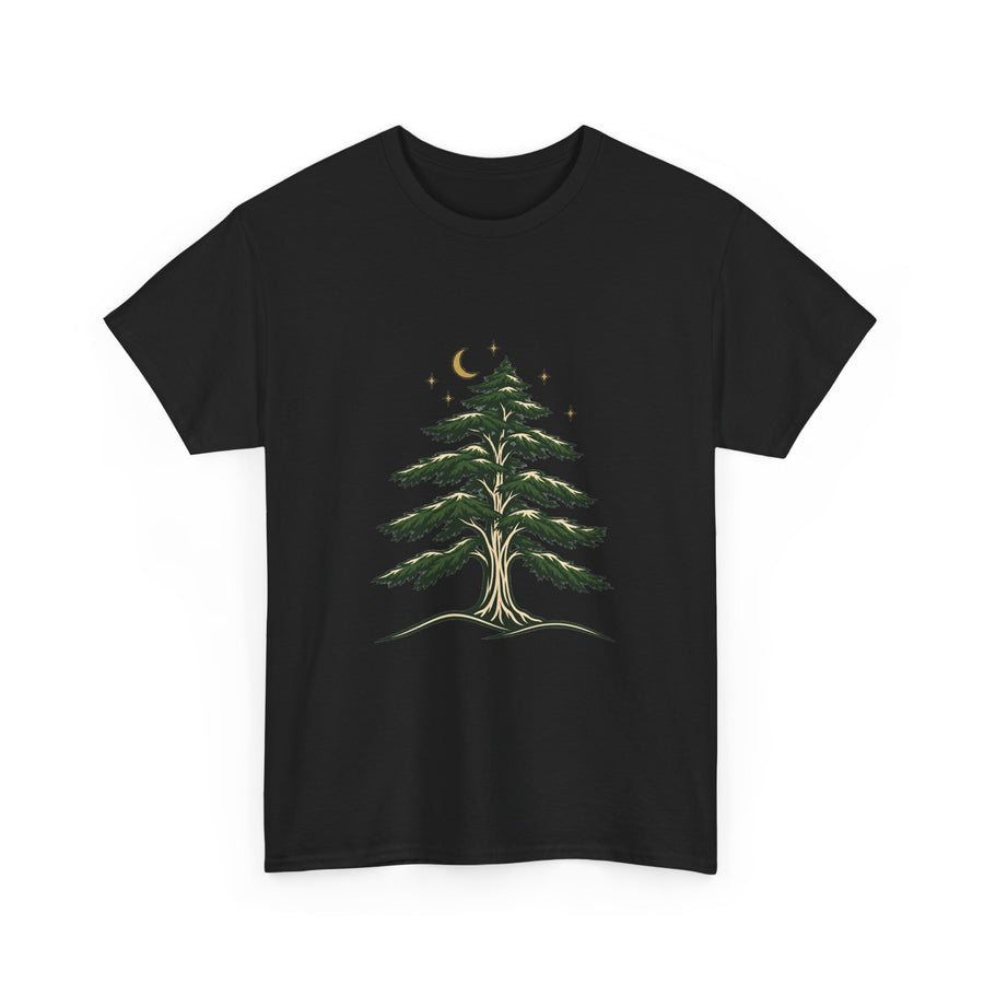Quiet Cedar Night-Sky T-Shirt - Original Evergreen and Crescent Art