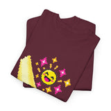 Pixel Chill Tee: Geometric Couch Napping Under Pixel Stars