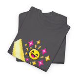 Pixel Chill Tee: Geometric Couch Napping Under Pixel Stars