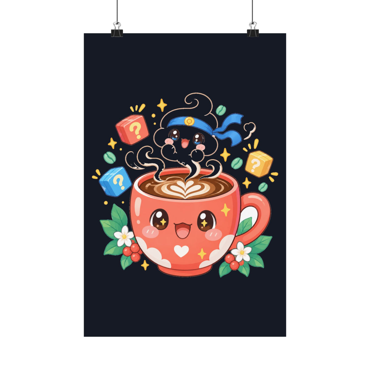 Café Mystery Tee: Chibi Coffee Cup with Mysterious Steam & Anime Headband Poster