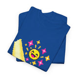 Pixel Chill Tee: Geometric Couch Napping Under Pixel Stars