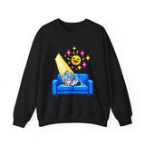 Pixel Chill Tee: Geometric Couch Napping Under Pixel Stars Crewneck Sweatshirt