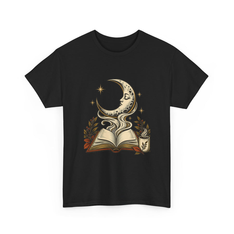Celestial Reading T-Shirt — Moon, Book & Botanical Graphic