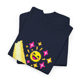 Pixel Chill Tee: Geometric Couch Napping Under Pixel Stars