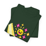 Pixel Chill Tee: Geometric Couch Napping Under Pixel Stars
