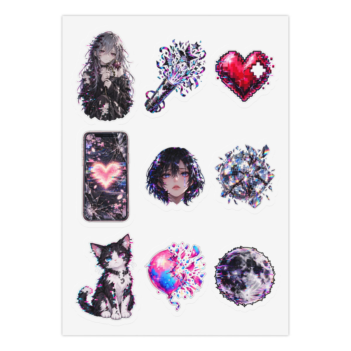 Chaos Feast: Glitchy Anime Gratitude Stickers Pack of 3 Sheets Kiss-Cut Sticker Sheet (Sheet 2 of 3)