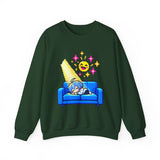 Pixel Chill Tee: Geometric Couch Napping Under Pixel Stars Crewneck Sweatshirt