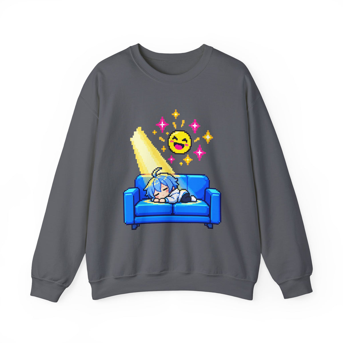Pixel Chill Tee: Geometric Couch Napping Under Pixel Stars Crewneck Sweatshirt