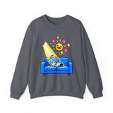 Pixel Chill Tee: Geometric Couch Napping Under Pixel Stars Crewneck Sweatshirt