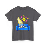 Pixel Chill Tee: Geometric Couch Napping Under Pixel Stars