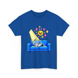 Pixel Chill Tee: Geometric Couch Napping Under Pixel Stars