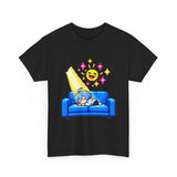 Pixel Chill Tee: Geometric Couch Napping Under Pixel Stars