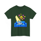 Pixel Chill Tee: Geometric Couch Napping Under Pixel Stars