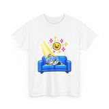 Pixel Chill Tee: Geometric Couch Napping Under Pixel Stars