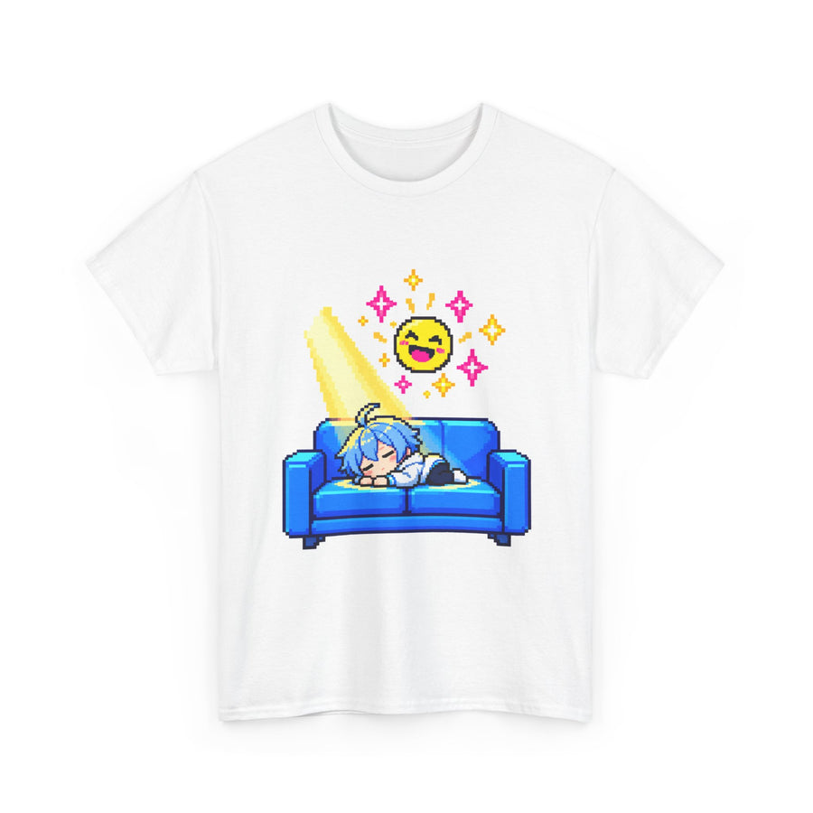 Pixel Chill Tee: Geometric Couch Napping Under Pixel Stars