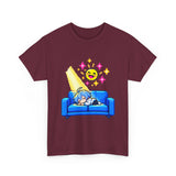 Pixel Chill Tee: Geometric Couch Napping Under Pixel Stars