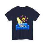 Pixel Chill Tee: Geometric Couch Napping Under Pixel Stars