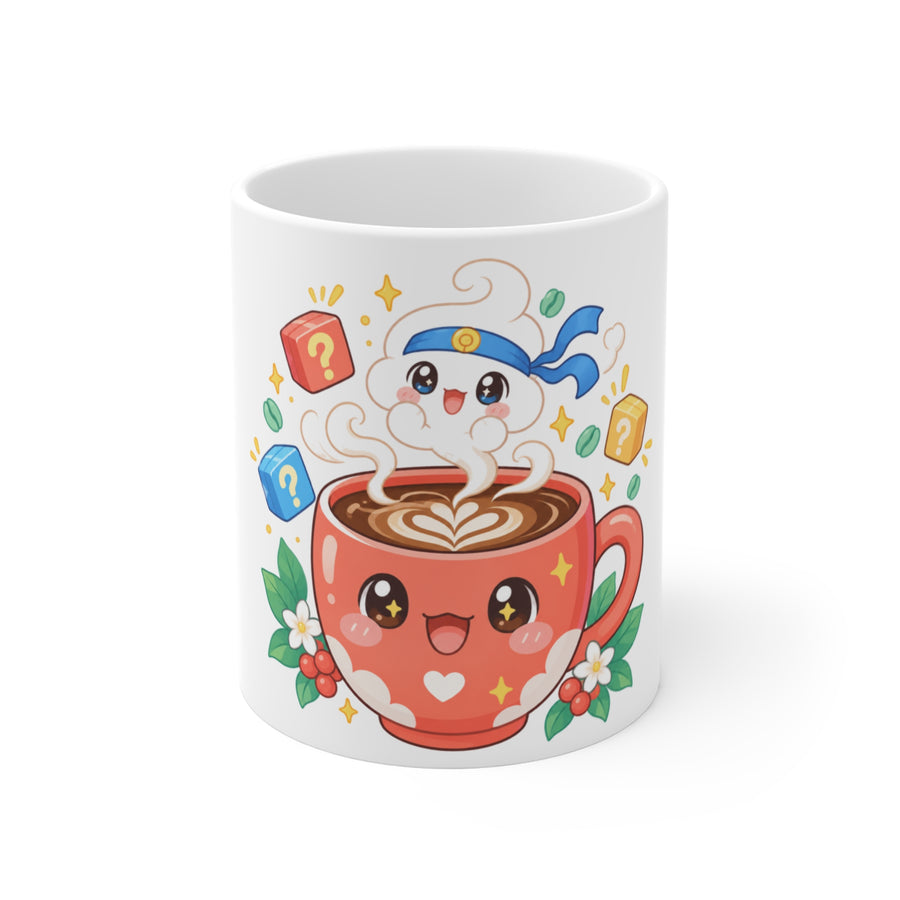 Café Mystery Tee: Chibi Coffee Cup with Mysterious Steam & Anime Headband Mug 11oz