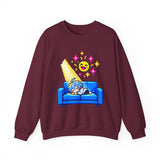 Pixel Chill Tee: Geometric Couch Napping Under Pixel Stars Crewneck Sweatshirt